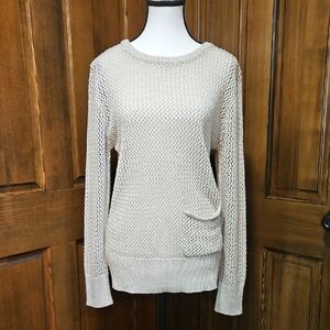 Sisters Open Knit Sweater Pull Over Scoop Neck Pocket Ribbed Edges Tan  Size M